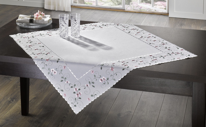 Tischdecken - Bestickte Tisch- und Raumdekoration mit Blümchen-Bordüre, in Größe 140 (Läufer, 40/ 90 cm) bis 404 (Kissenbezug, 40/ 40 cm), in Farbe WOLLWEISS-ROSA Ansicht 9