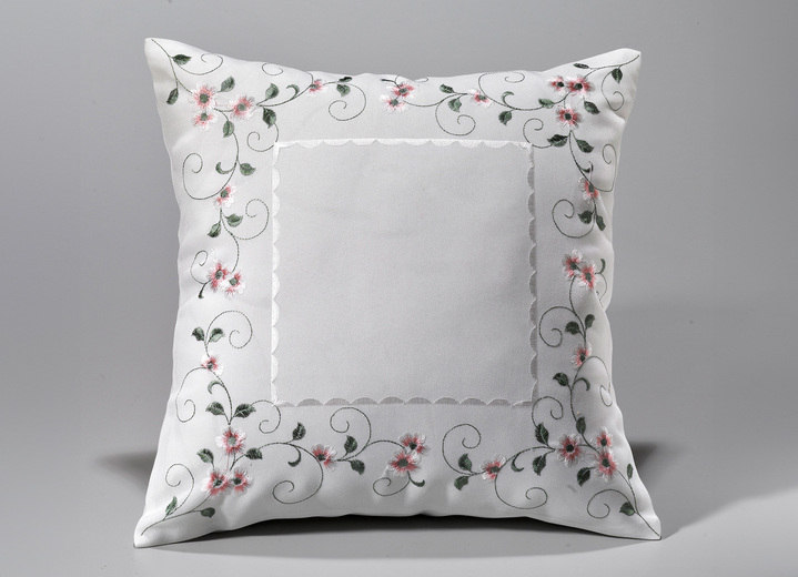 Tischdecken - Bestickte Tisch- und Raumdekoration mit Blümchen-Bordüre, in Größe 140 (Läufer, 40/ 90 cm) bis 404 (Kissenbezug, 40/ 40 cm), in Farbe WOLLWEISS-ROSA Ansicht 1
