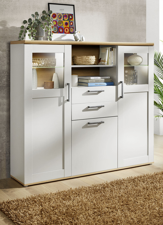 Vitrinen - Wohnzimmermöbel-Programm mit LED-Beleuchtung, in Farbe WEISS-EICHE, in Ausführung Highboard Ansicht 1