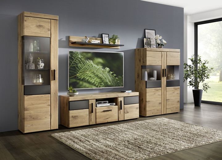 Wohnwände - Wohnwand mit anthrazitfarbenen Elementen, in Farbe EICHE-ANTHRAZIT, in Ausführung Wohnwand Vitrine/Türanschlag rechts Ansicht 2