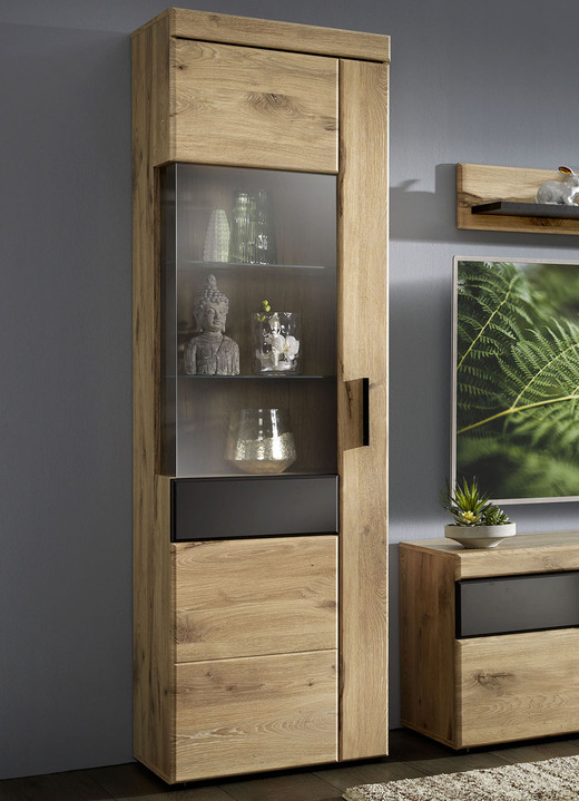 Vitrinen - Vitrine mit anthrazitfarbenen Elementen, in Farbe EICHE-ANTHRAZIT, in Ausführung Vitrine 1-türig, Türanschlag links Ansicht 1