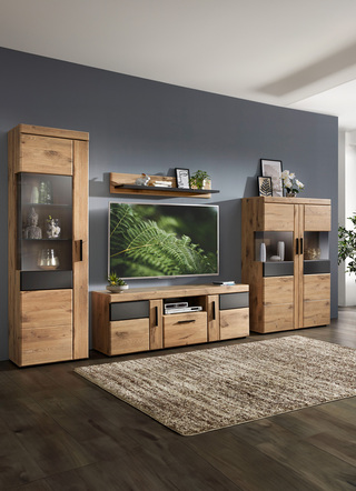 Wohnwände - Wohnwand mit anthrazitfarbenen Elementen, in Farbe EICHE-ANTHRAZIT, in Ausführung Wohnwand Vitrine/Türanschlag rechts