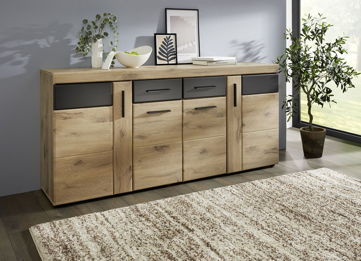 Kommoden - Kommode mit anthrazitfarbenen Elementen, in Farbe EICHE-ANTHRAZIT, in Ausführung Kommode, 3-türig mit Glasfront Ansicht 2