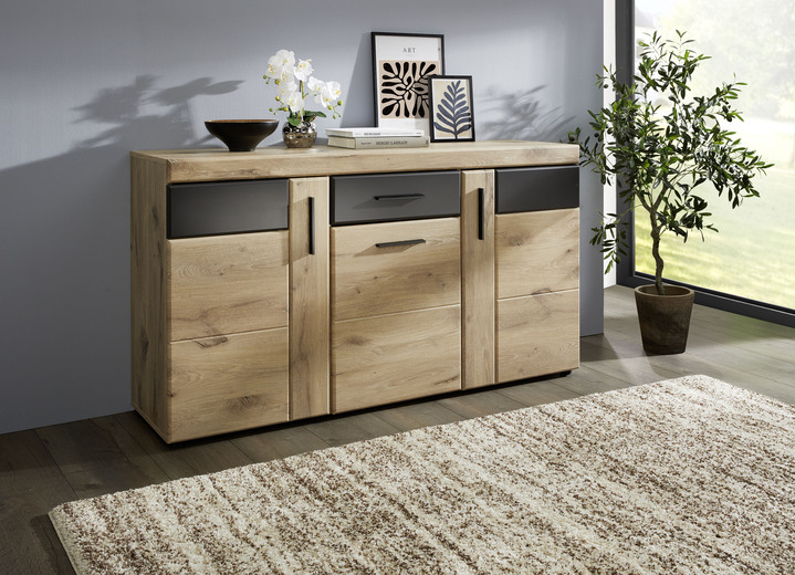 Kommoden - Kommode mit anthrazitfarbenen Elementen, in Farbe EICHE-ANTHRAZIT, in Ausführung Kommode, 3-türig mit Glasfront Ansicht 4