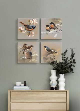 Hochwertiges Bilder-Set mit Vogelszenen, 4-teilig