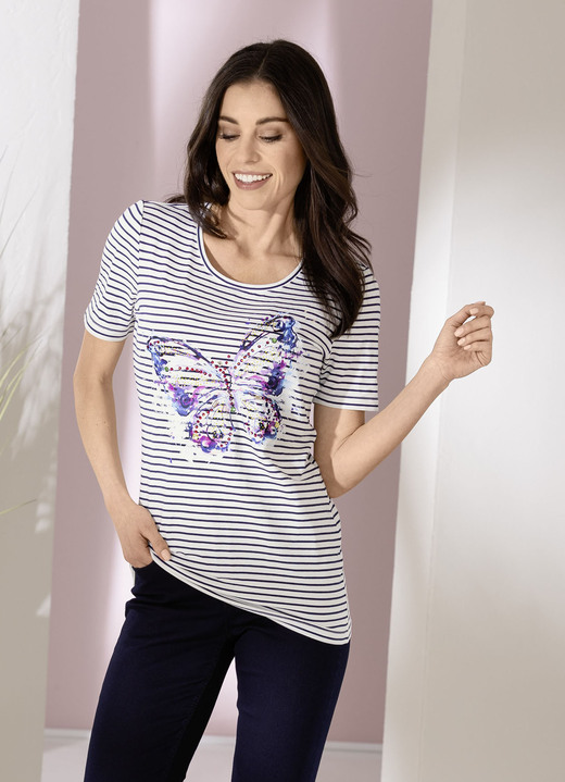 Kurzarm - Shirt mit dekorativem Schmetterlingsdruck, in Größe 036 bis 052, in Farbe ECRU-MARINE Ansicht 3