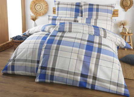 Bettwäschegarnituren - Seersucker Bettwäsche-Garnitur von Florella, in Größe 111 (40/80 cm + 135/200 cm) bis 115 (80/80 cm + 155/220 cm), in Farbe BLAU-GRAU