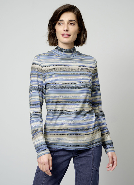 Langarm - Shirt mit kurzem Reißverschluss Langarm - Shirt mit kurzem Reißverschluss, in Größe 038 bis 052, in Farbe HELLBLAU-TAUPE