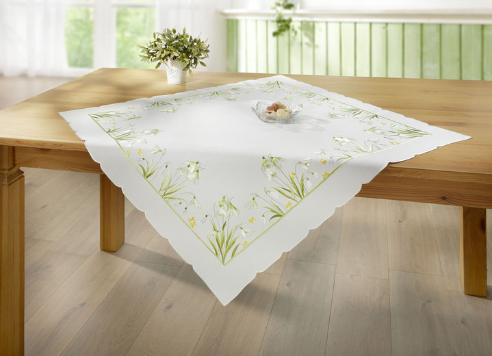 Tischdecken - Bestickte Tisch- und Raumdekoration mit Schneeglöckchen-Dessin, in Größe 101 (Deckchen, 35/ 50 cm) bis 404 (Kissenbezug, 40/ 40 cm), in Farbe SEKT-BUNT Ansicht 2