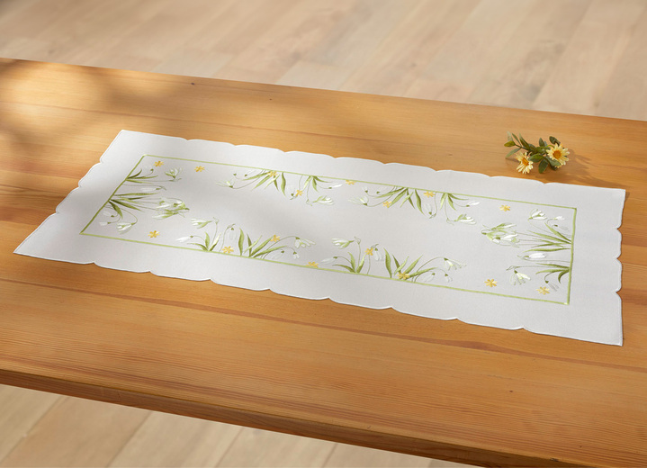 Tischdecken - Bestickte Tisch- und Raumdekoration mit Schneeglöckchen-Dessin, in Größe 101 (Deckchen, 35/ 50 cm) bis 404 (Kissenbezug, 40/ 40 cm), in Farbe SEKT-BUNT Ansicht 3