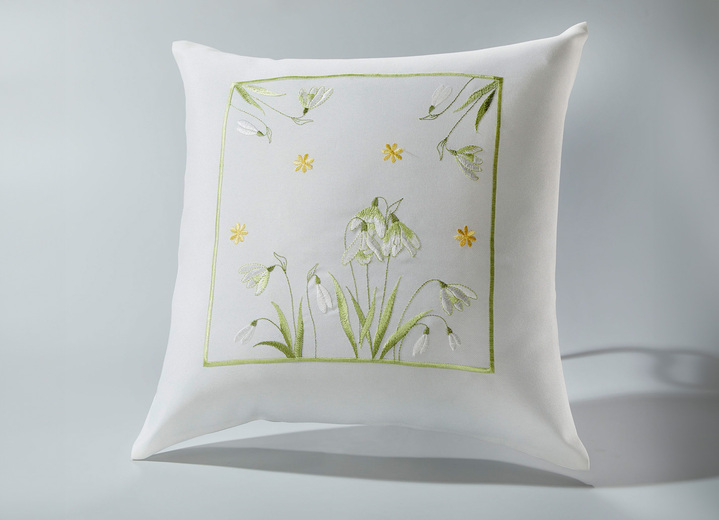 Tischdecken - Bestickte Tisch- und Raumdekoration mit Schneeglöckchen-Dessin, in Größe 101 (Deckchen, 35/ 50 cm) bis 404 (Kissenbezug, 40/ 40 cm), in Farbe SEKT-BUNT Ansicht 4