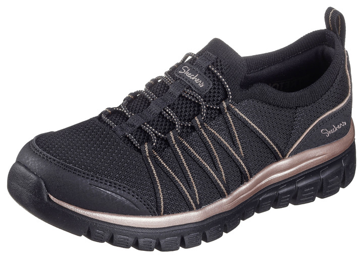 Damenmode - SKECHERS,  trendige Damen-Slipper, aus gestricktem Mesh-Material, in Größe 036 bis 042, in Farbe SCHWARZ-ROSÉGOLD Ansicht 1