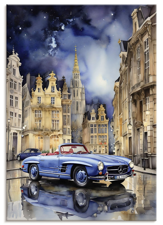 Landschaft - Bild: Mercedes 190SL in einer Stadt, in Farbe BLAU-NATUR Ansicht 2