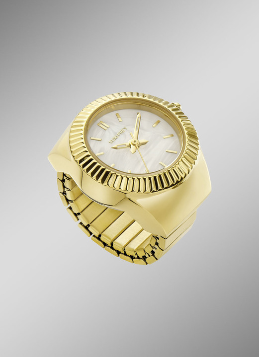 Zugband - Goldfarbene Quarz-Ringuhr mit Zugband, in Farbe  Ansicht 1