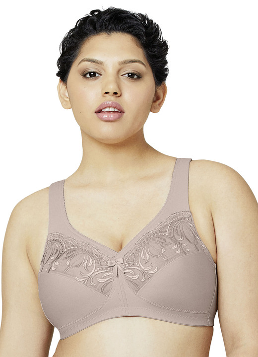 Tagwäsche - Glamorise Stütz-BH mit Stickereispitze, in Größe 080 bis 130, in Cup H, in Farbe TAUPE Ansicht 1