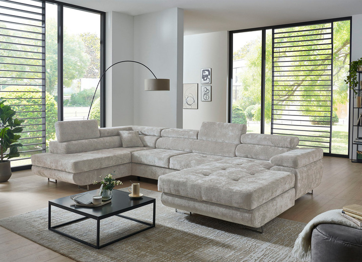Polsterecken - Wohnlandschaft mit Bettfunktion und Bettkasten, in Farbe CREME, in Ausführung Ottomane links, Longchair rechts Ansicht 1