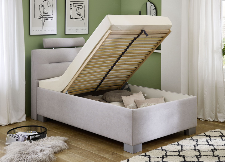 Polsterbetten - Polsterbett mit Einbaulattenrost und Bettkasten, in Farbe GRAU, in Ausführung mit Bonnell-Federkernmatratze Ansicht 2