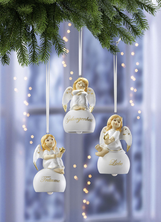 Goebel-Figuren - Glöckchen-Aufhänger mit Engelchen, in Farbe WEISS-GOLD, in Ausführung Engel mit Herz Ansicht 2