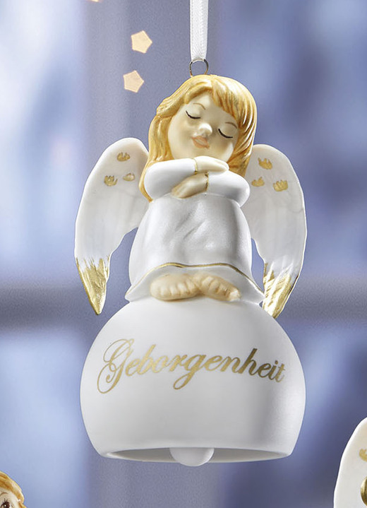 Goebel-Figuren - Glöckchen-Aufhänger mit Engelchen, in Farbe WEISS-GOLD, in Ausführung Engel mit Herz Ansicht 3