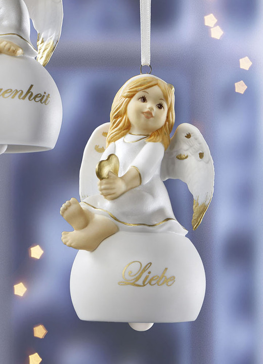 Goebel-Figuren - Glöckchen-Aufhänger mit Engelchen, in Farbe WEISS-GOLD, in Ausführung Engel mit Herz Ansicht 1