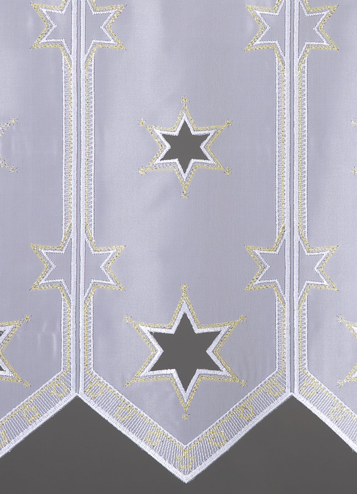 Kurzgardinen - Edler Kurzstore mit Plauener Stickerei Ansicht 2 Kurzgardinen - Edler Kurzstore mit Plauener Stickerei, in Größe 786 (H45xB 96 cm) bis 791 (H45xB160 cm), in Farbe WEISS-GOLD Ansicht 2