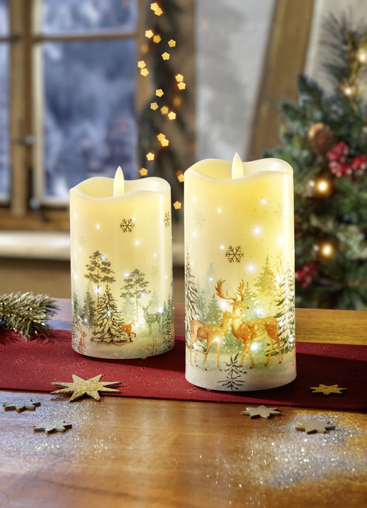 Weihnachtliche Dekorationen - Zauberhafte LED-Kerzen im 2er-Set, in Farbe WEISS-GRÜN-BRAUN