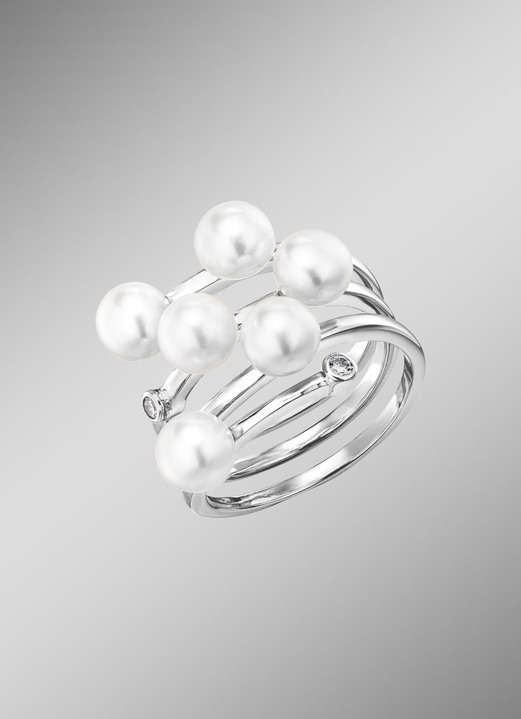 Ringe - 3-reihiger Damenring mit Perlen und synth. Zirkonia, in Größe 160 bis 220, in Farbe  Ansicht 2