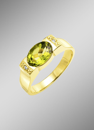 Zeitlos eleganter Damenring mit echt Peridot und 2 Diamanten