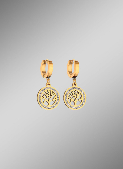 Ohrschmuck - Lebensbaum-Klappcreolen aus Edelstahl mit Kristallen, in Farbe  Ansicht 1