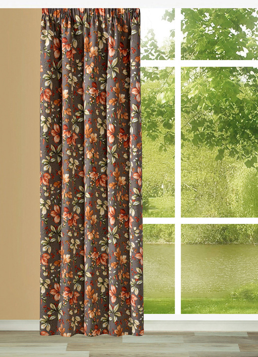 Modern - Übergardine mit Blättermotiven, in Größe 365 (H145xB135 cm) bis 456 (H245xB135 cm), in Farbe BRAUN-BUNT Ansicht 1