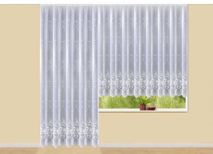 Klassisch - Store mit Plauener Stickerei und Universalschienenband Ansicht 5 Klassisch - Store mit Plauener Stickerei und Universalschienenband, in Größe 159 (H145xB250 cm) bis 301 (H245xB750 cm), in Farbe WEISS, in Ausführung Körbchen Ansicht 5