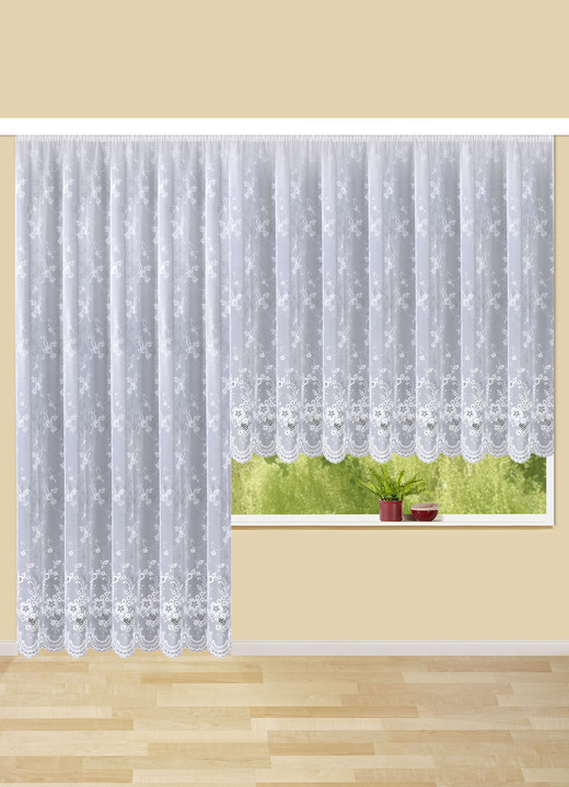 Klassisch - Store mit Plauener Stickerei und Universalschienenband Ansicht 1 Klassisch - Store mit Plauener Stickerei und Universalschienenband, in Größe 159 (H145xB250 cm) bis 301 (H245xB750 cm), in Farbe WEISS, in Ausführung Körbchen Ansicht 1