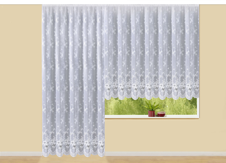 Klassisch - Store mit Plauener Stickerei und Universalschienenband Ansicht 2 Klassisch - Store mit Plauener Stickerei und Universalschienenband, in Größe 159 (H145xB250 cm) bis 301 (H245xB750 cm), in Farbe WEISS, in Ausführung Körbchen Ansicht 2