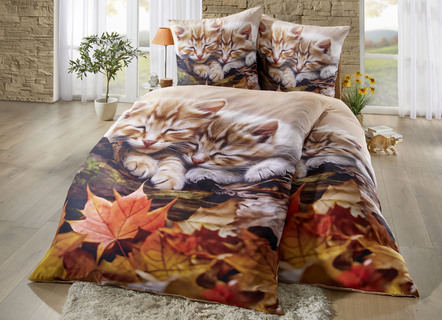 Bettwäschegarnituren - Bettwäsche-Garnitur mit Kätzchen im Herbstlaub-Motiv, in Farbe MULTICOLOR