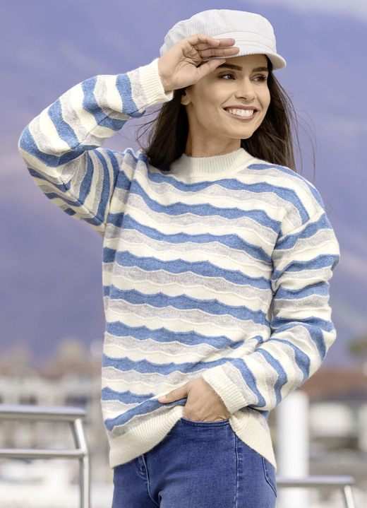 Langarm - Pullover mit Wellenmuster, in Größe L(44/46) bis XXL(52/54), in Farbe ECRU-BLEU-HELLGRAU Ansicht 3