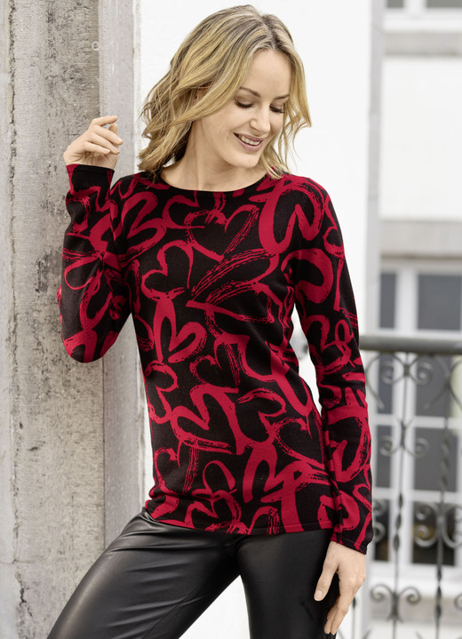 Pullover - Pullover mit viel Herz, in Größe L(44/46) bis XXL(52/54), in Farbe SCHWARZ-ROT Ansicht 1