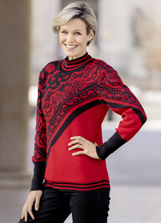 Langarm - Pullover in Jacquard-Dessin, in Größe 036 bis 052, in Farbe BEIGE-SCHWARZ Ansicht 4