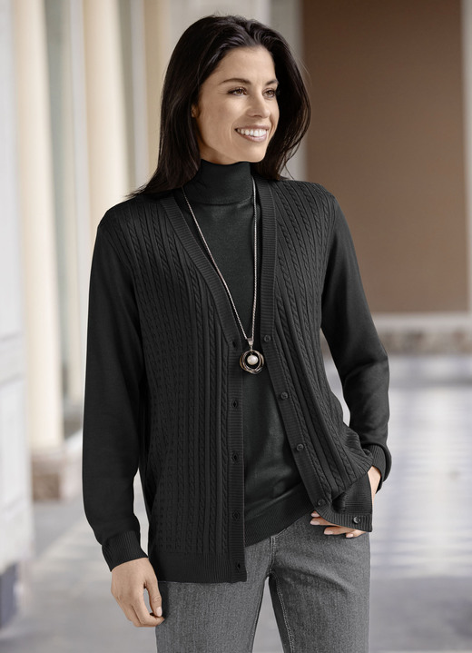 Basics - Strickjacke mit Zöpfchenstruktur Basics - Strickjacke mit Zöpfchenstruktur, in Größe 036 bis 052, in Farbe SCHWARZ