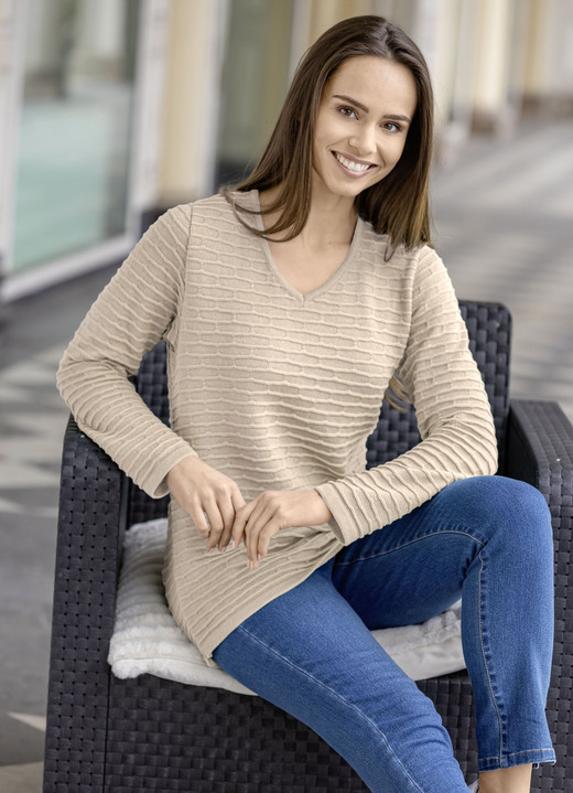 Pullover - Pullover mit Strukturstreifen Pullover - Pullover mit Strukturstreifen, in Größe 036 bis 052, in Farbe BEIGE-SAND