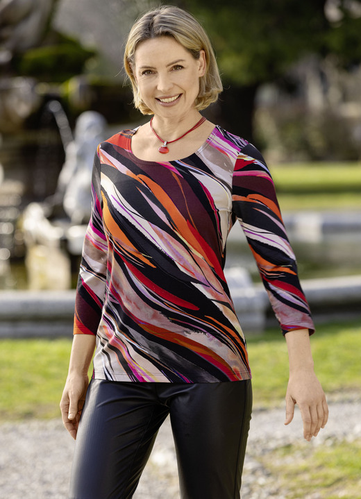 Damenmode - Shirt mit Alloverdruck, in Größe 038 bis 054, in Farbe SCHWARZ-ROT-MULTICOLOR