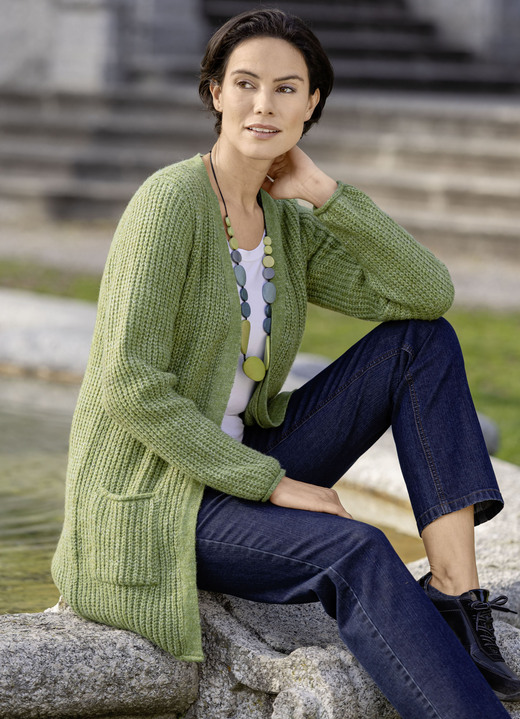 Basics - Long-Strickjacke in Perlfang Basics - Long-Strickjacke in Perlfang, in Größe L(44/46) bis XXL(52/54), in Farbe LIMETTE MELIERT