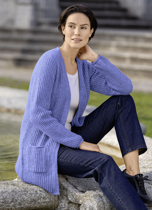 Basics - Long-Strickjacke in Perlfang Basics - Long-Strickjacke in Perlfang, in Größe L(44/46) bis XXL(52/54), in Farbe JEANSBLAU MELIERT