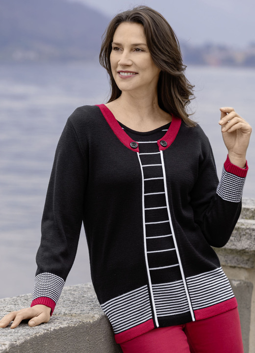 Pullover - Pullover in Doppel-Optik, in Größe 038 bis 054, in Farbe SCHWARZ-ROT-WEISS Ansicht 2
