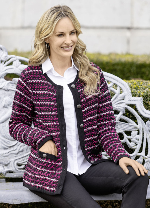 Strickjacken - Strickjacke in Jacquard-Dessin, in Größe 038 bis 054, in Farbe SCHWARZ-FUCHSIA-WEISS Ansicht 4