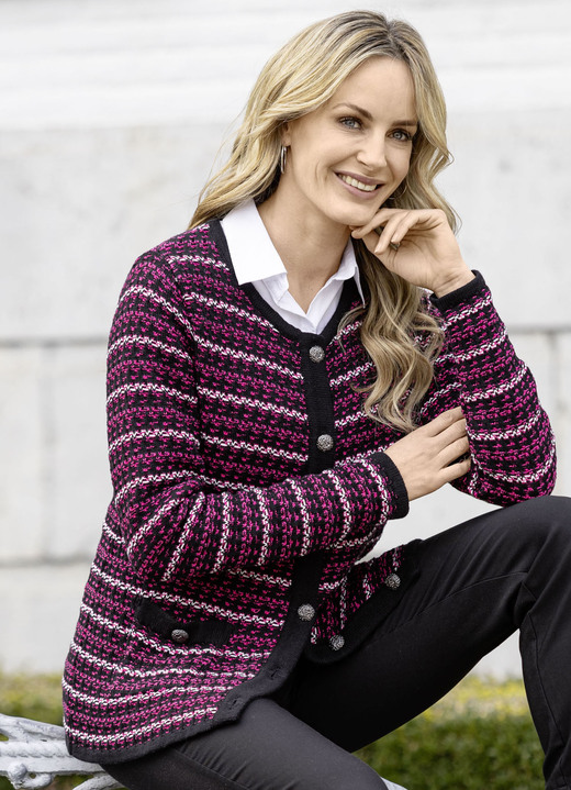 Strickjacken - Strickjacke in Jacquard-Dessin, in Größe 038 bis 054, in Farbe SCHWARZ-FUCHSIA-WEISS Ansicht 3