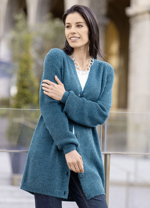 Basics - Long-Strickjacke in Perlfang Ansicht 2 Basics - Long-Strickjacke in Perlfang, in Größe 038 bis 054, in Farbe PETROL MELIERT Ansicht 2