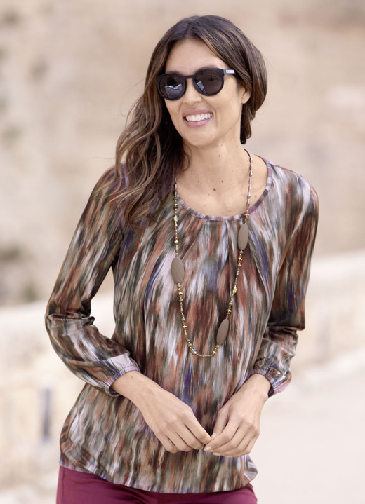 Langarm - Shirt mit rundem Halsausschnitt , in Größe 036 bis 052, in Farbe TERRAKOTTA-LILA-GRAU