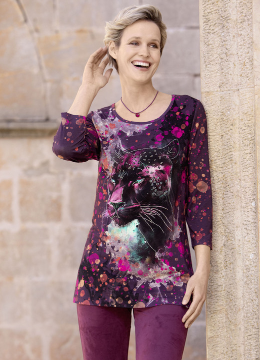 34-Arm - Shirt mit Strasszier im Vorderteil, in Größe 038 bis 054, in Farbe LILA-PINK-SCHWARZ