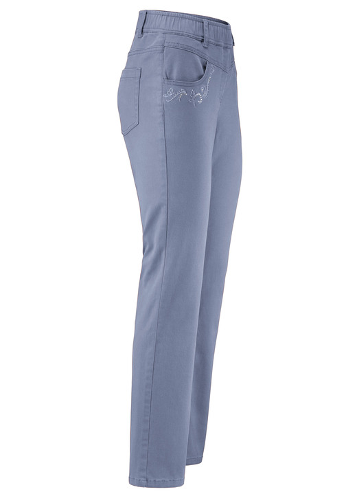 Hosen in Schlupfform - Hose mit funkelnden Glitzersteinchen, in Größe 018 bis 052, in Farbe TAUBENBLAU Ansicht 1