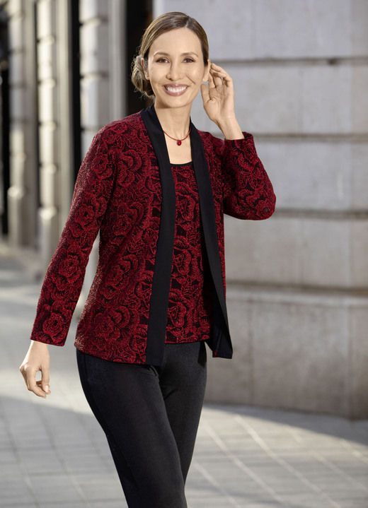 Anlassblusen - Shirt-Tunika in 2-in-1-Optik, in Größe 036 bis 054, in Farbe ROT-SCHWARZ Ansicht 1